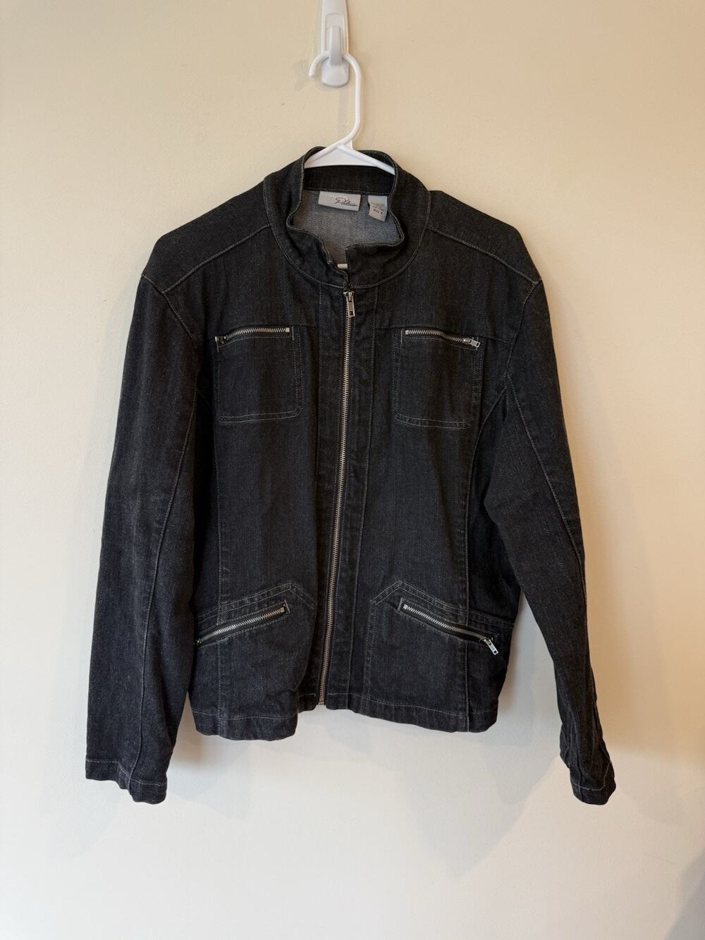 Chico's Black Platinum Jean Jacket With Zippers Large Preppy Classic Normcore